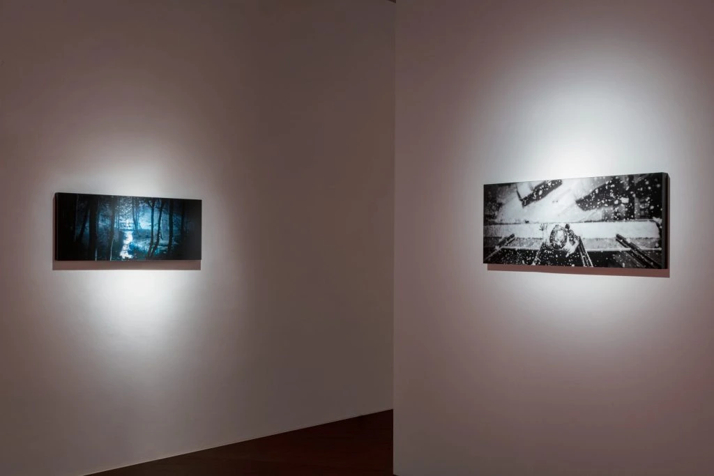 Photographic works installed in the gallery rooms.